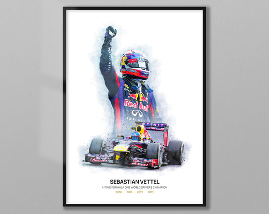 Sebastian Vettel World Champion F1 Formula 1 One Red Bull Racing Driver Watercolour Wall Art Print Poster Gift A5 A4 A3 - Unframed